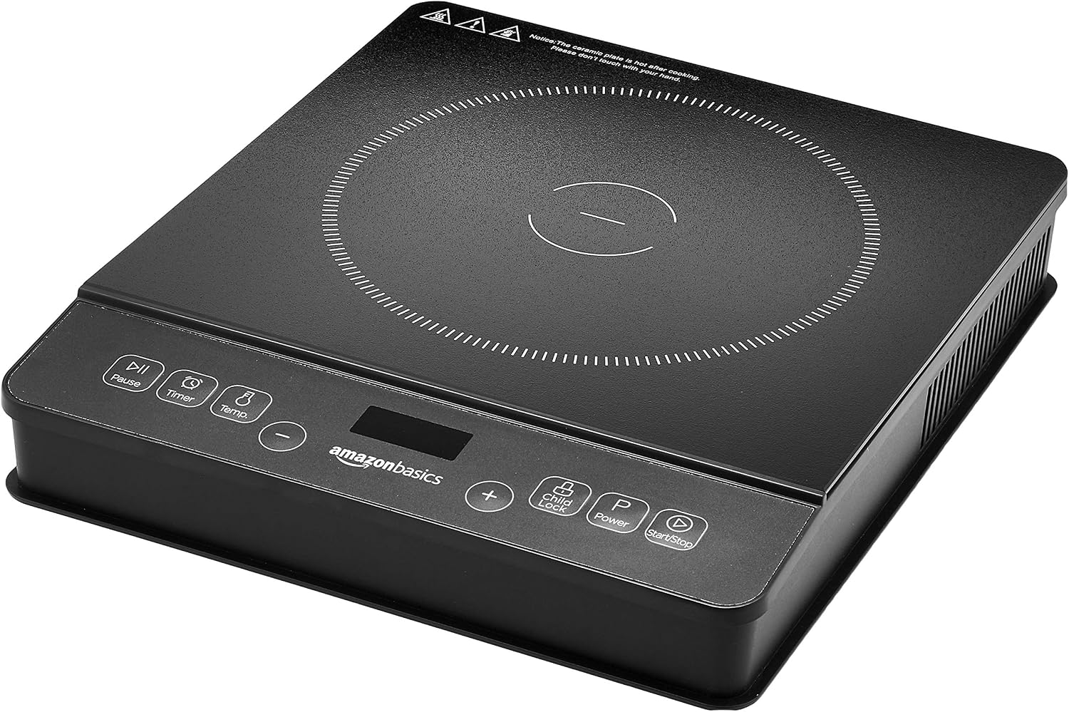 Black Amazon Basics C18-RK18W01B portable induction cooktop with one marked cooking zone, front display and labeled touch controls