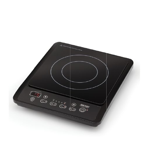 Aroma AID-505 black-glass single-zone induction cooktop with two concentric cookware rings and a front control panel labeled for Warm, Slow Cook, Boil, and Sear/Brown.