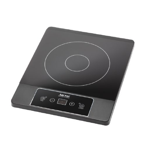 Aroma AID-506 black-glass single-zone induction cooktop; white concentric cookware circles and front-edge controls are visible.