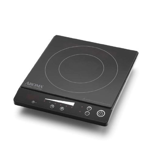 Aroma AID-509 black-glass single-zone induction cooktop with concentric cookware rings, a front display, and Power, Heat, Warm, and Timer controls.