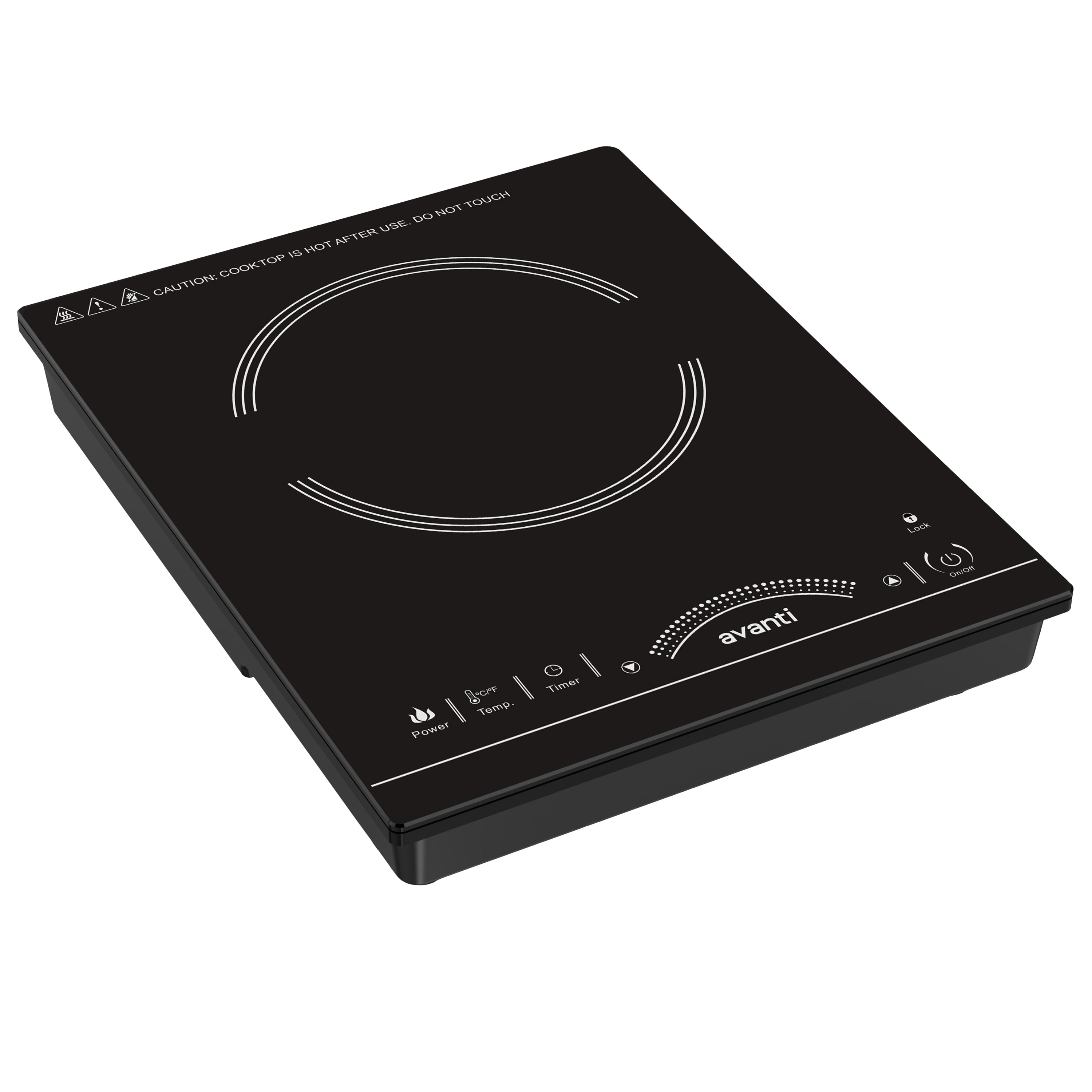 Black Avanti IH1800L1B-IS portable induction cooktop with one marked cooking zone and front controls