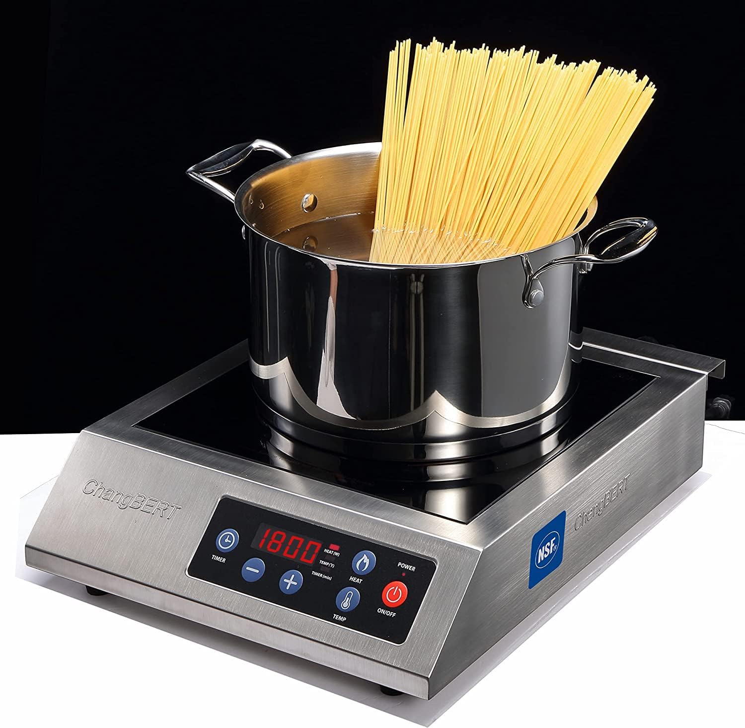 Brushed stainless ChangBERT F-IH-01SS single-zone induction cooktop, black glass surface, front button panel, and a pot on the cooking area
