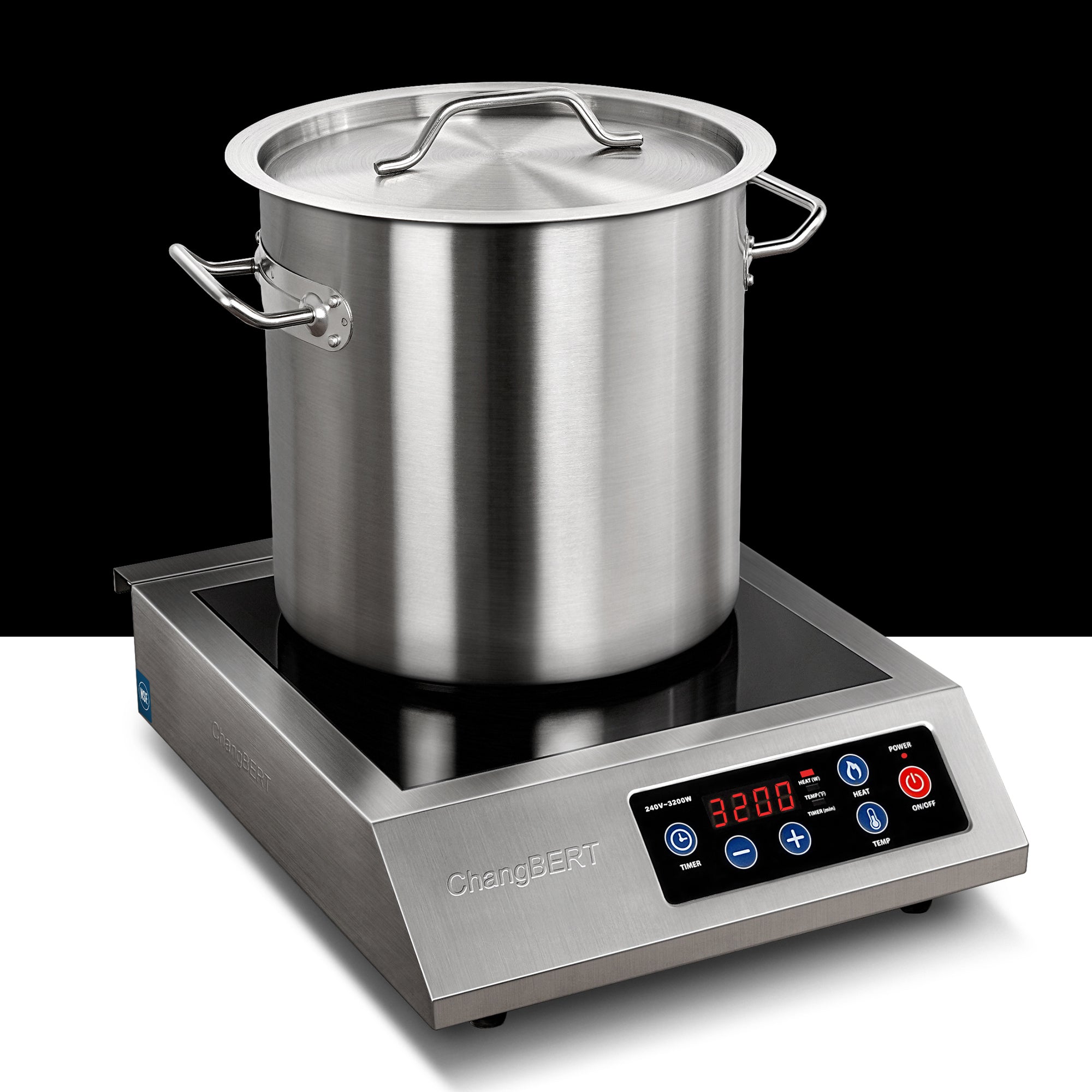 Brushed stainless ChangBERT F-IH-02SS single-zone cooktop with black glass, covered stockpot, and front control display showing 3200 W