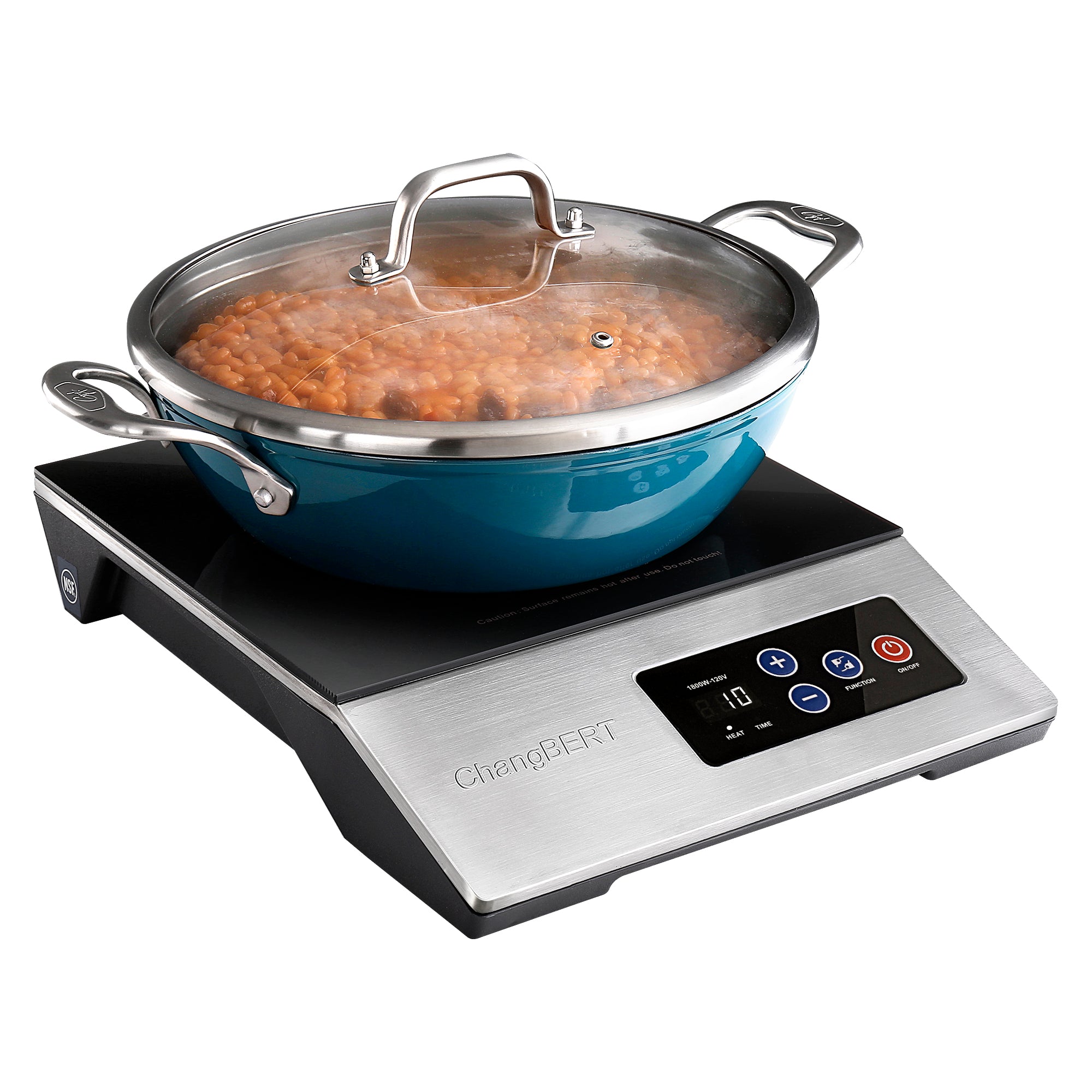 ChangBERT FC1S13 single-zone induction cooktop with stainless sloped body, black glass cooking surface, front display and covered pan