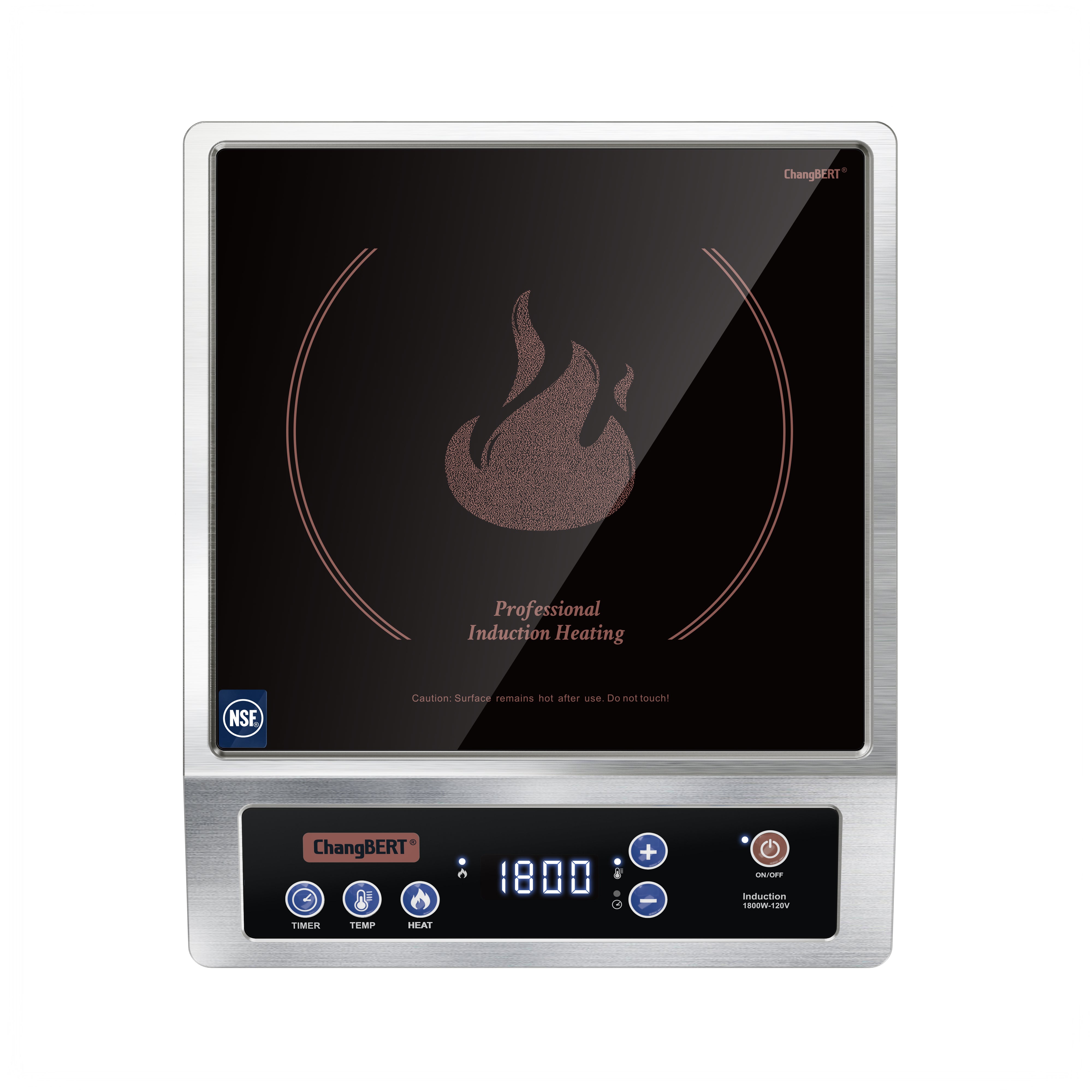 ChangBERT CIB80 103021-A single-zone induction cooktop with stainless-steel-colored rim, black glass surface and front Heat, Temp and Timer controls