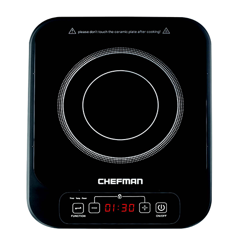 Black Chefman RJ21-IN Precision Induction Cooktop with one circular induction cooking zone and front display and touch controls