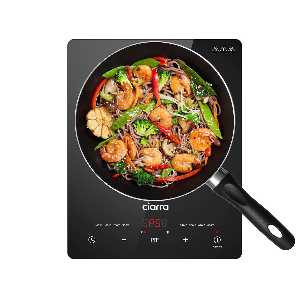Ciarra CATIH1-OW black glass single-zone induction cooktop shown from above with a pan covering the marked cooking zone and touch controls visible below