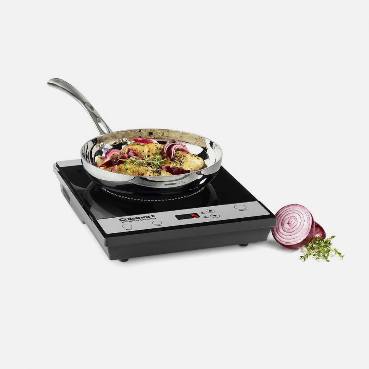Black Cuisinart ICT-30 portable induction cooktop with one heating zone, a front heat and timer control strip, and a pan on the glass surface
