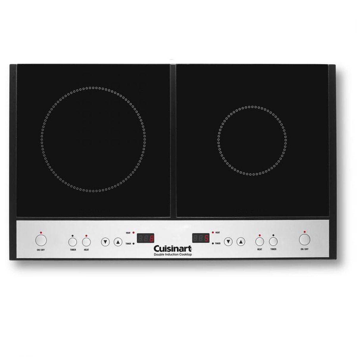 Black Cuisinart ICT-60 double induction cooktop with two differently sized induction zones and separate left/right control groups