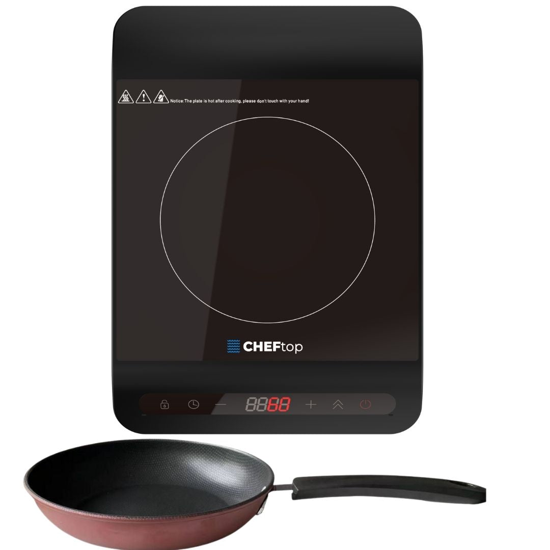 Black Drinkpod ChefTop single-zone induction cooktop with pan shown; selected variant DP-CHEFTOP-1-A-PN