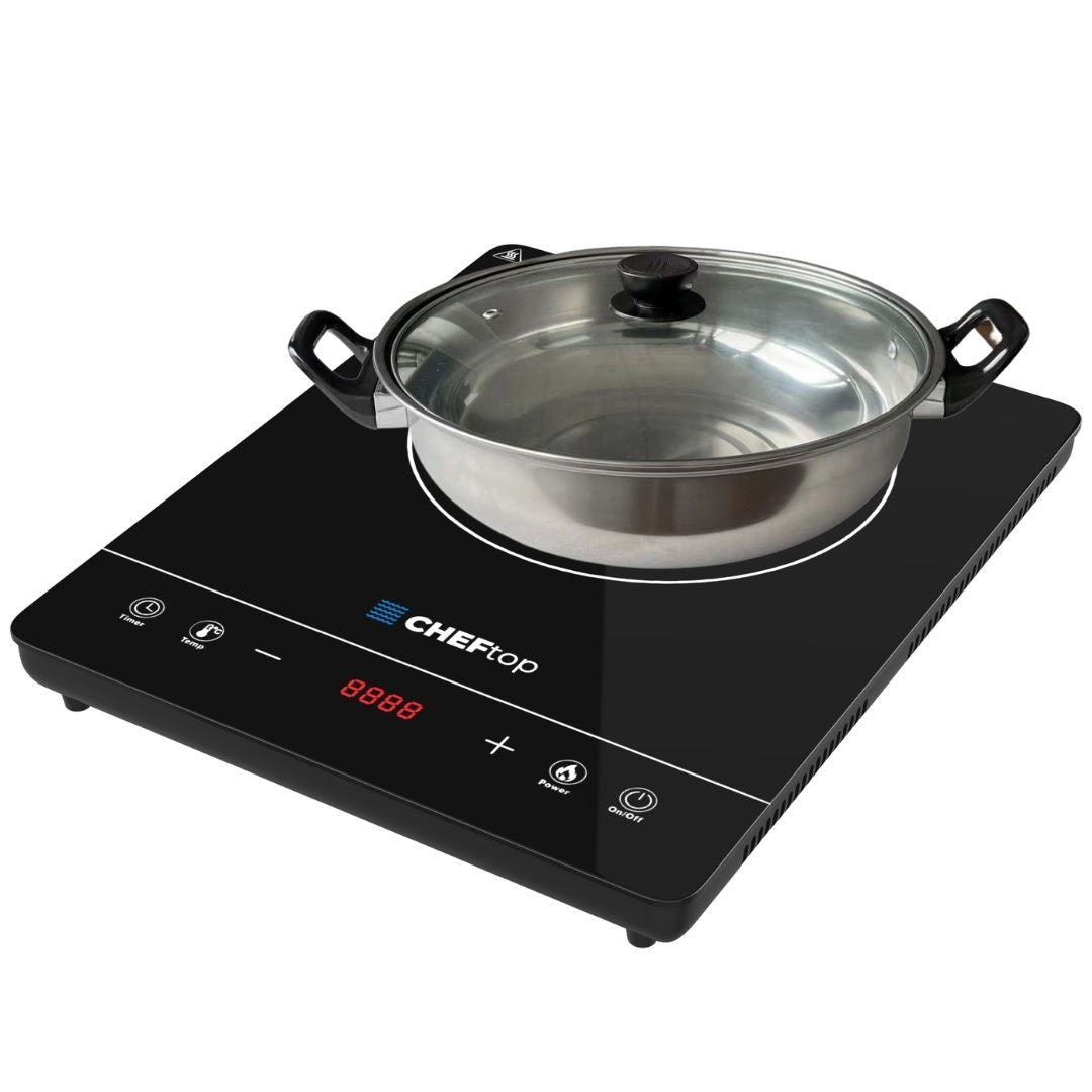 Black Drinkpod ChefTop single-zone induction cooktop with stainless-steel pot shown; selected variant DP-CHEFTOP-1-B