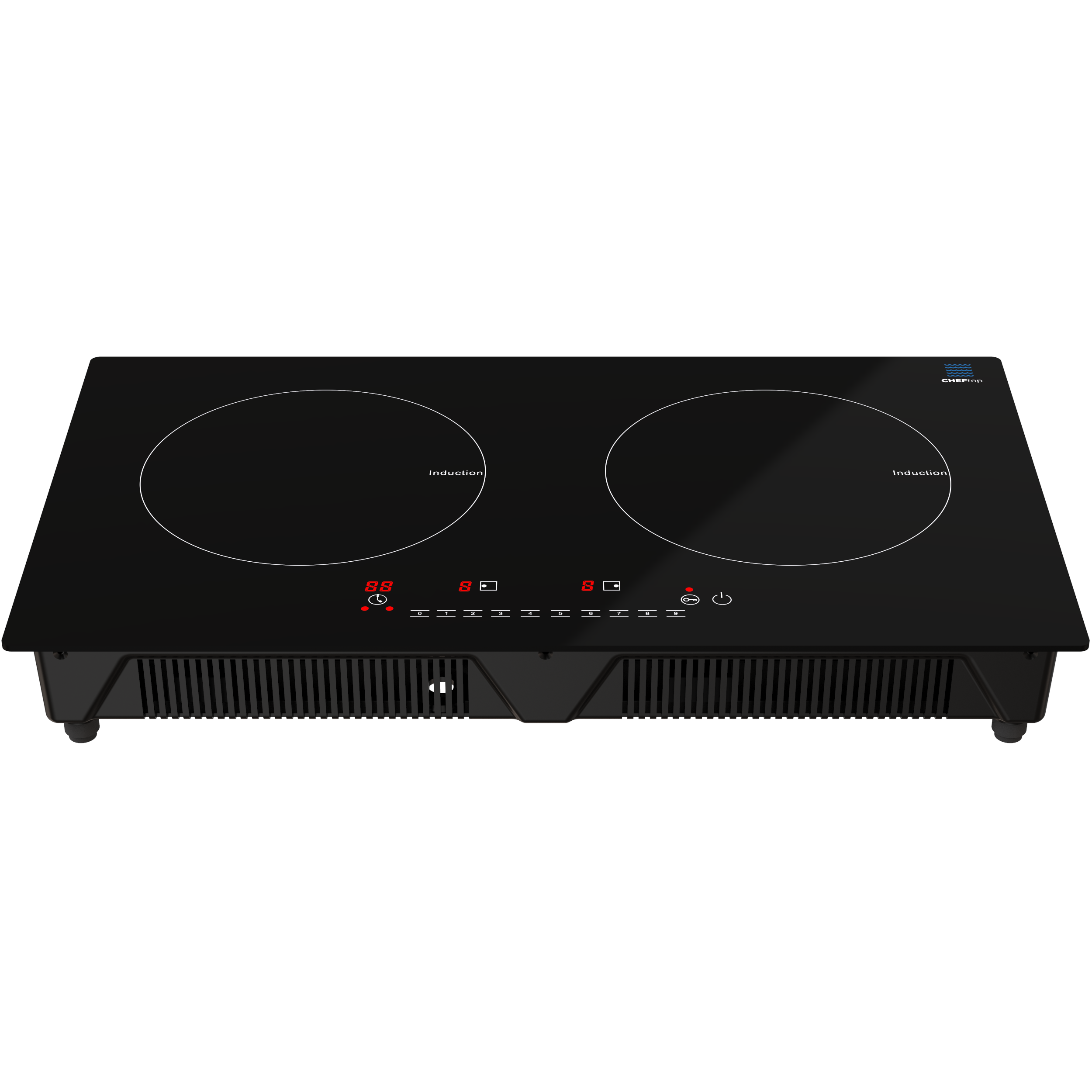 Drinkpod DP-CHEFTOP-2 black two-zone induction cooktop; Two side-by-side induction rings, front-edge touch controls, and lower ventilation/feet are visible.