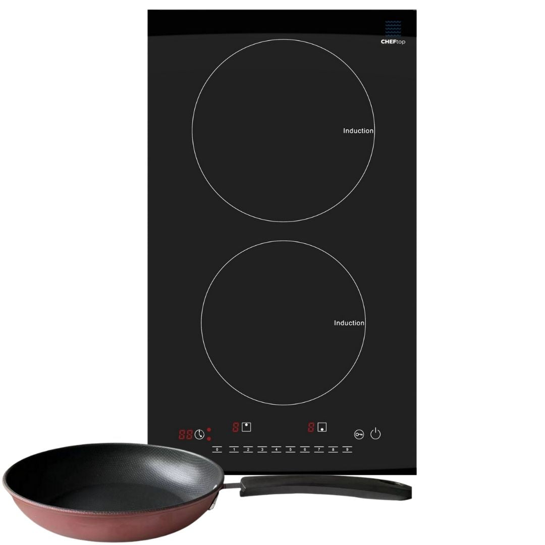 Das vertikale Zweizonenkochfeld Drinkpod DP-CHEFTOP-2V ist zusammen mit der Antihaft-Induktionspfanne der ausgewählten Variante abgebildet.