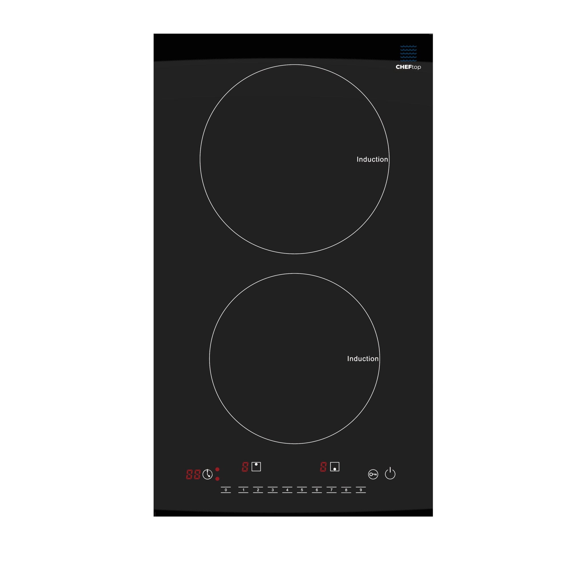Drinkpod DP-CHEFTOP-2V black two-zone induction cooktop; Two front-to-back induction rings and near-end controls are visible.