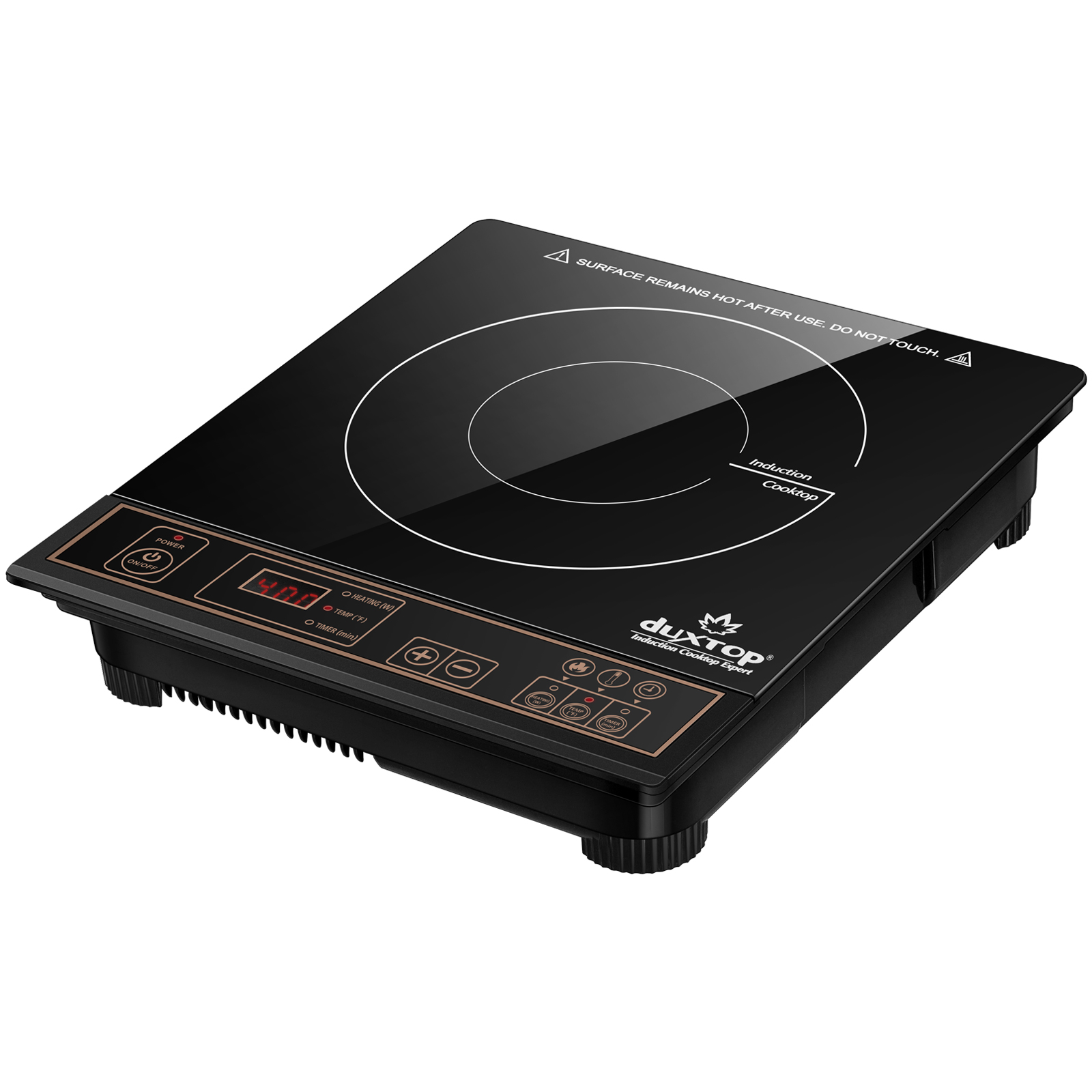 Gold-accented Duxtop 8100MC/BT-180G3 single-zone induction cooktop with an angled control panel