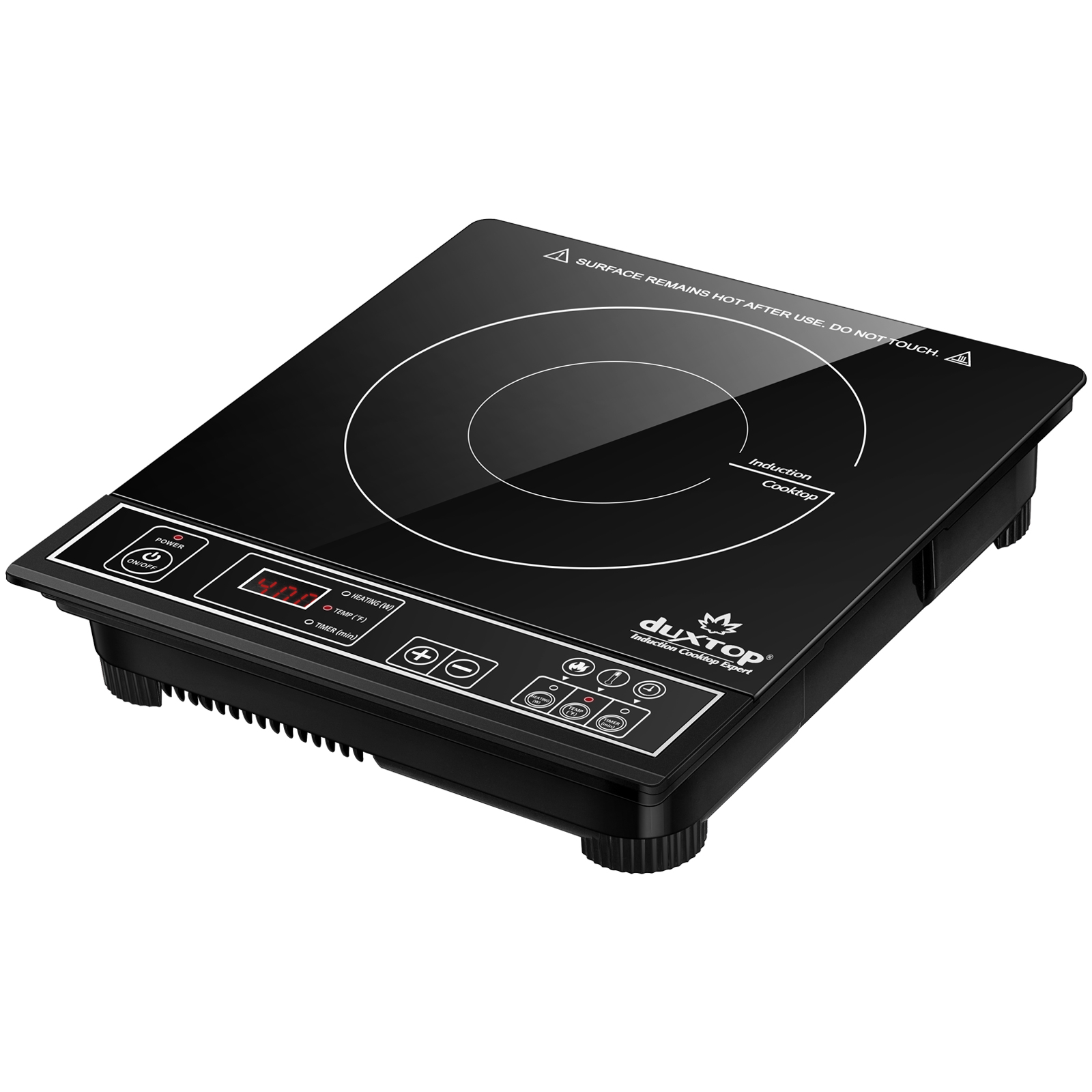 Silver-accented Duxtop 8120MC/BT-180G3 single-zone induction cooktop with an angled control panel
