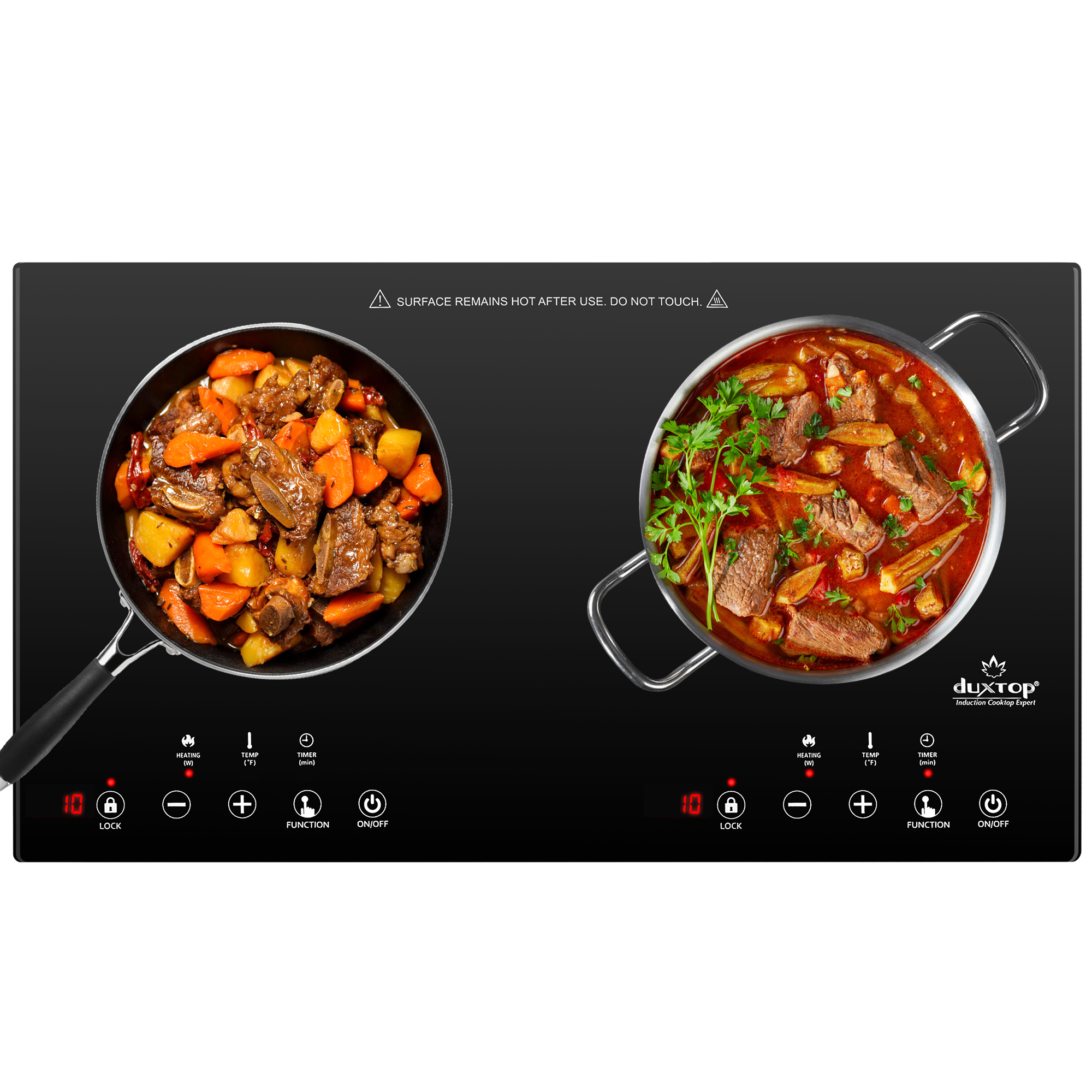 Black Duxtop 8620BI double induction cooktop with two marked zones, separate controls and styled cookware imagery
