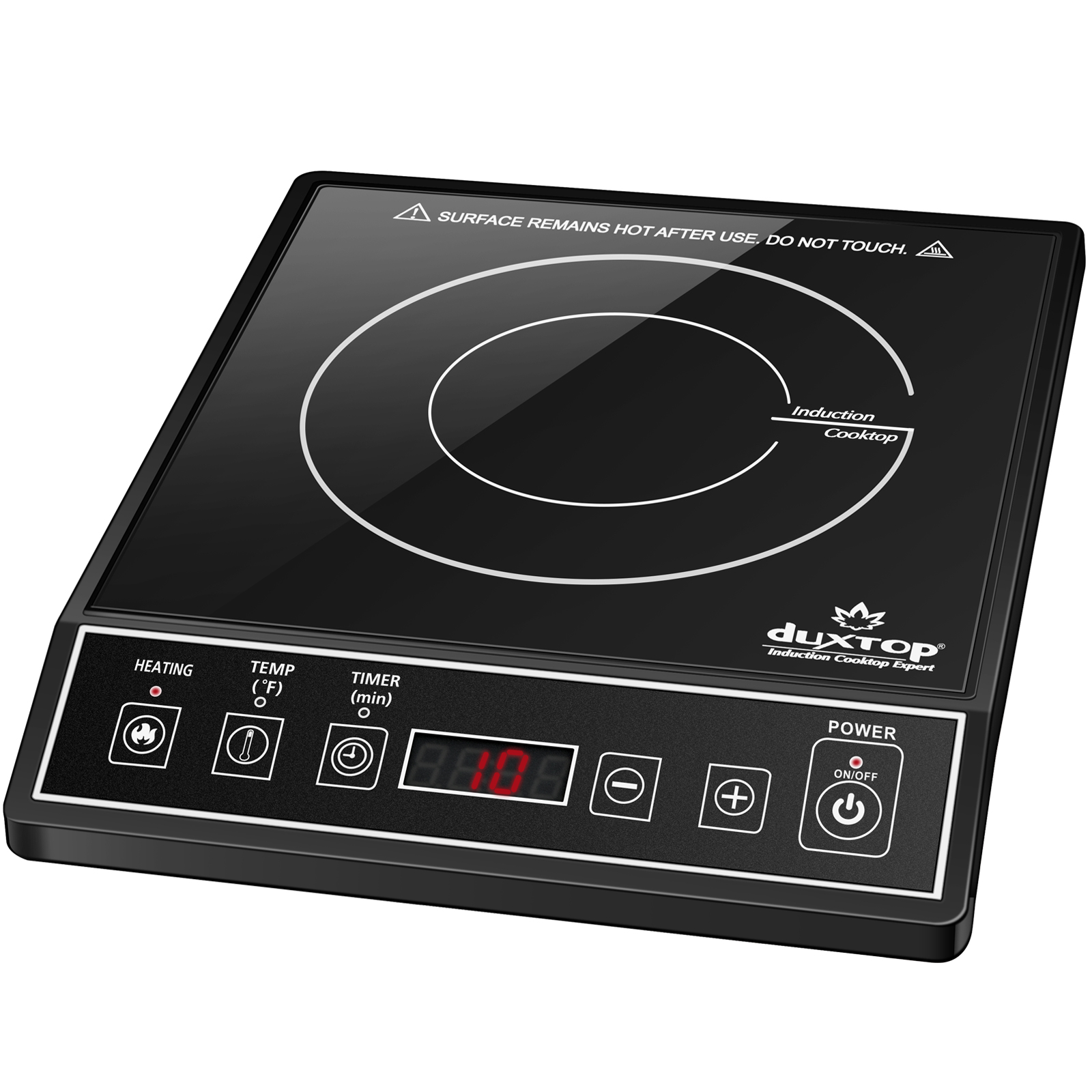 Black Duxtop 9100MC/BT-M20B one-zone induction cooktop with silver-colored trim around its angled control panel