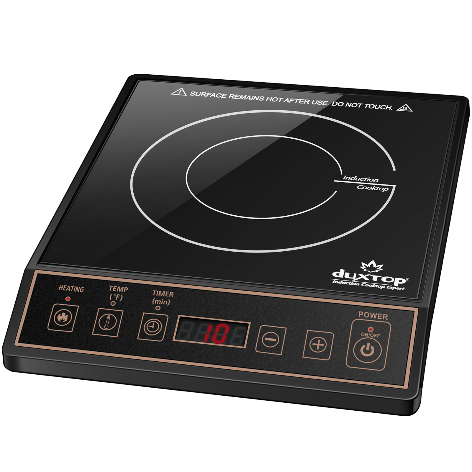 Gold-accented Duxtop 9120MC/BT-M20B one-zone induction cooktop with angled touch-control panel