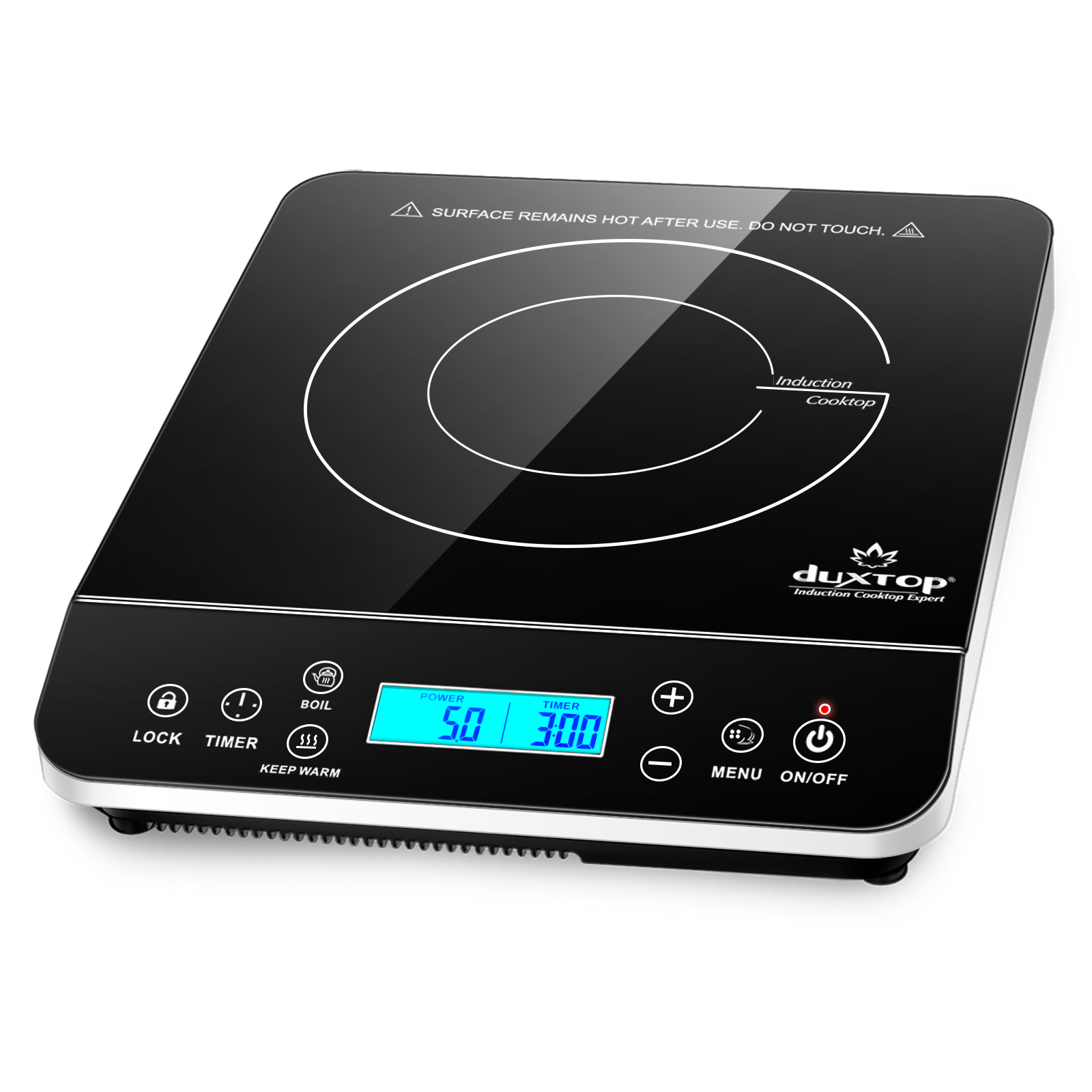 Silver-sided Duxtop 9600LS single-zone induction cooktop with marked cooking circle and LCD touch controls