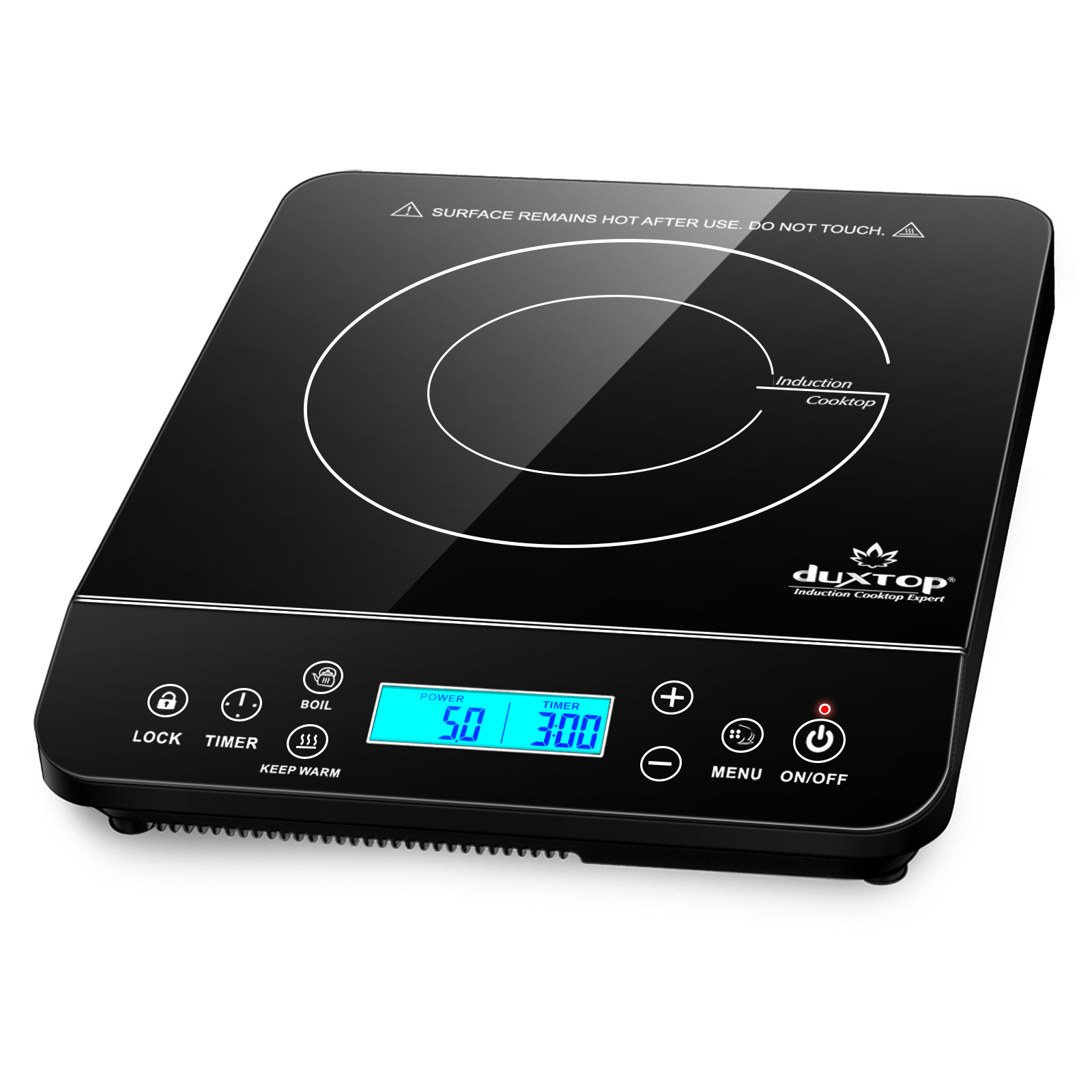 Black Duxtop 9610LS single-zone induction cooktop with marked cooking circle and LCD touch controls