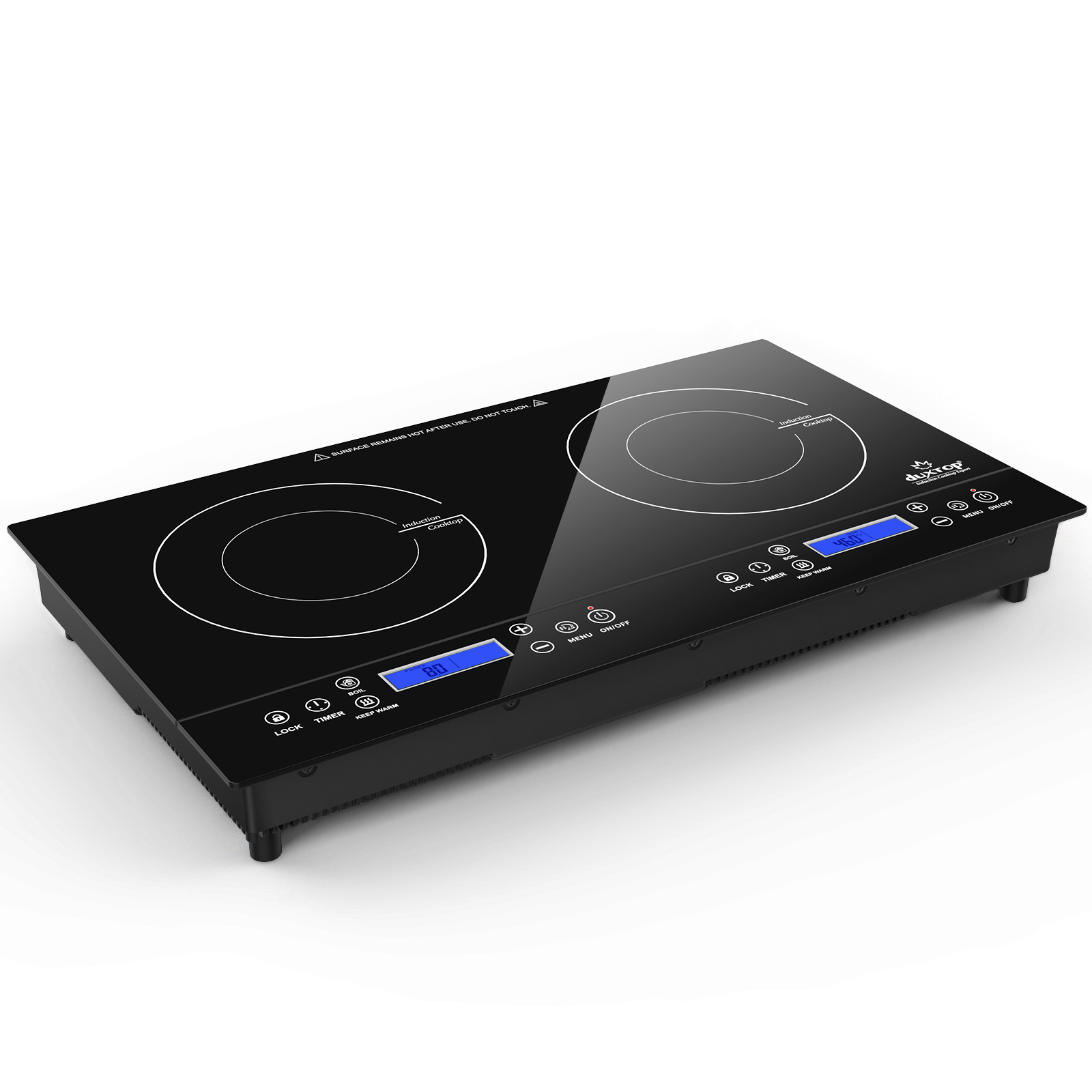Black Duxtop 9720LCBI double induction cooktop with two marked cooking zones, separate LCDs and touch controls