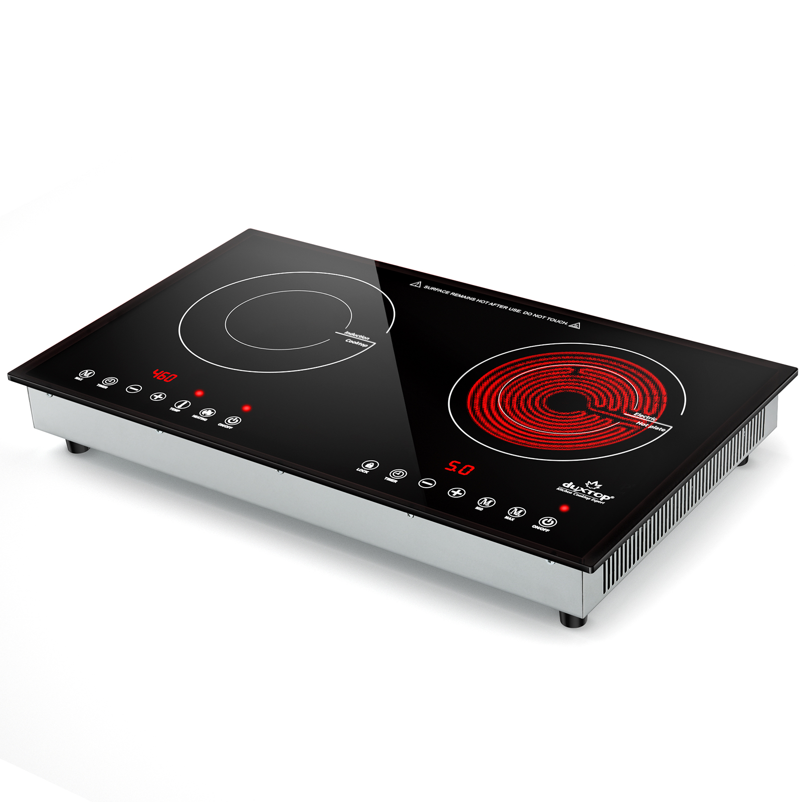 Black Duxtop 9820HLBI cooktop with a left induction cooking circle and a visibly glowing red infrared coil on the right
