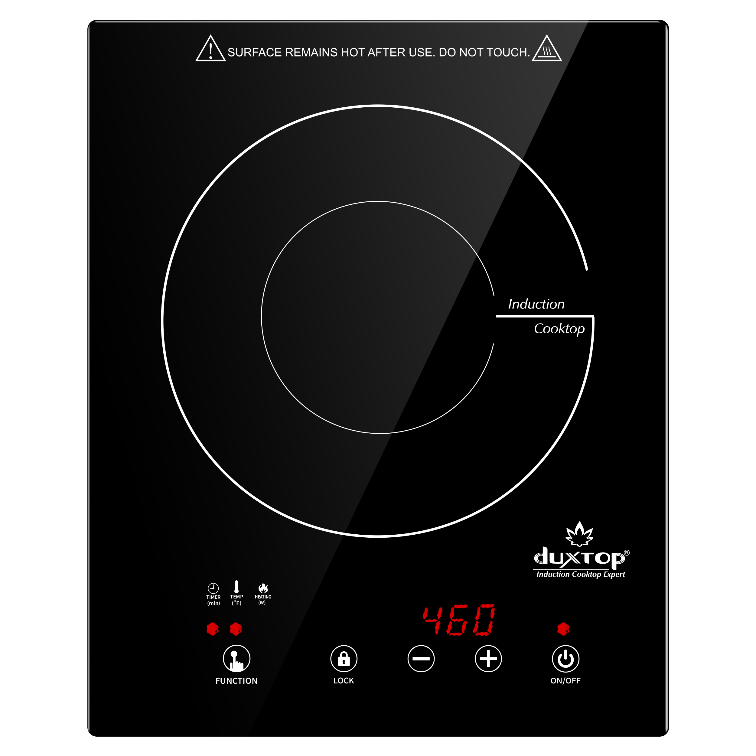 Black Duxtop BT-200T1/8600BI one-zone induction cooktop shown at an angle with its front display and touch controls