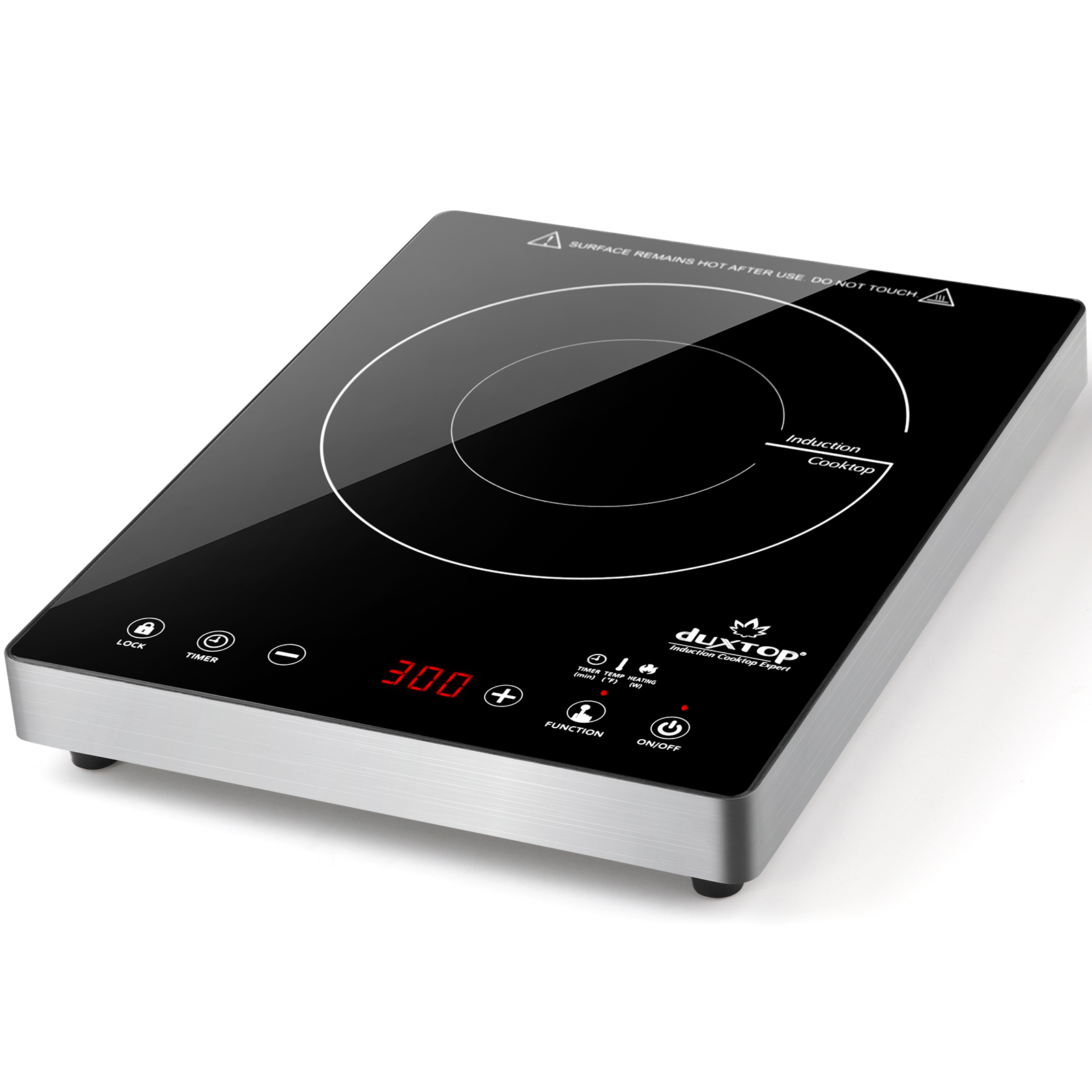 Black Duxtop E200A single-zone induction cooktop with a red display, marked cooking ring, touch controls and stainless-colored housing