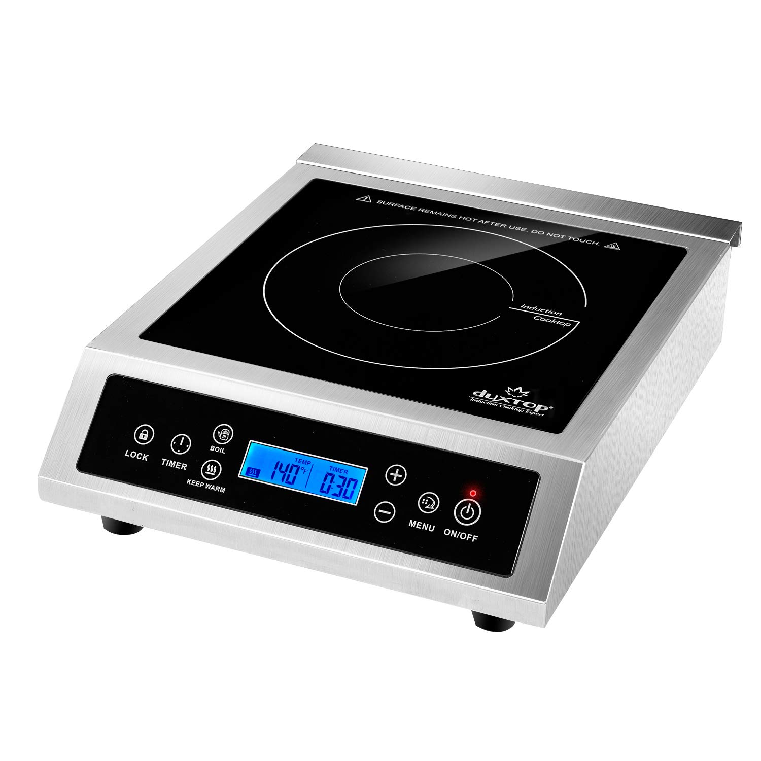 Silver stainless-housed Duxtop P961LS/BT-C35-D single induction cooktop with a front-angled blue LCD control panel