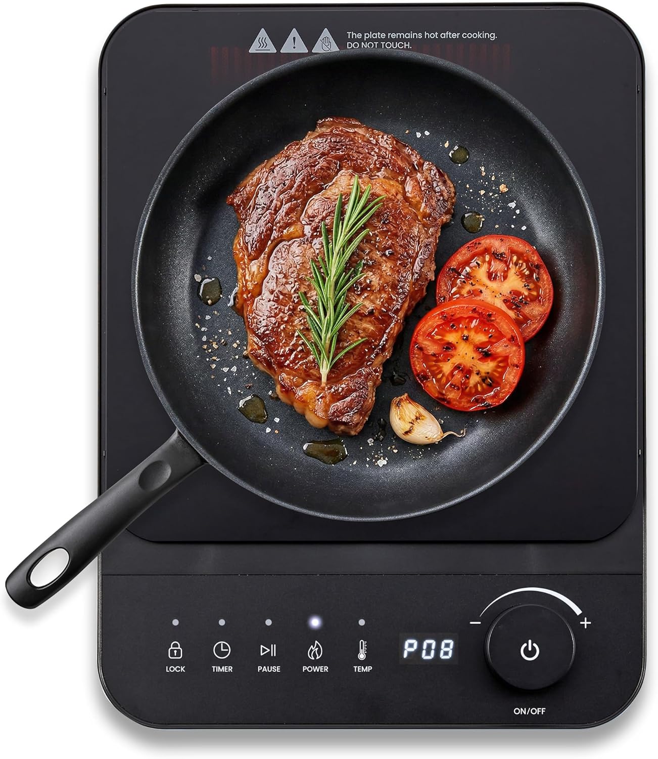 Elite Gourmet EIND57 Black slim portable induction cooktop with one glass cooking zone, front display, central dial and labeled controls