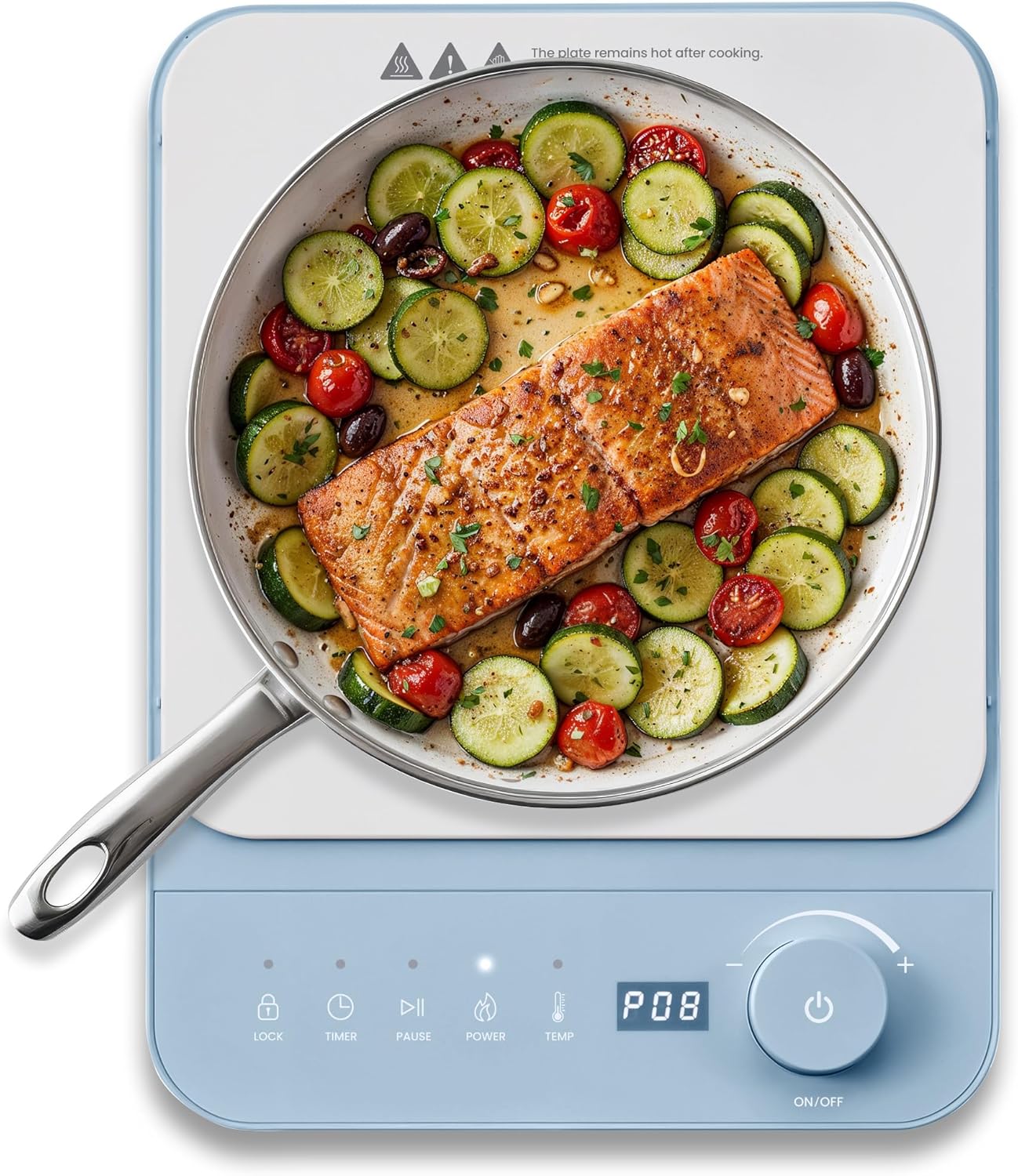 Elite Gourmet EIND57 Blue slim portable induction cooktop with one glass cooking zone, front display, central dial and labeled controls
