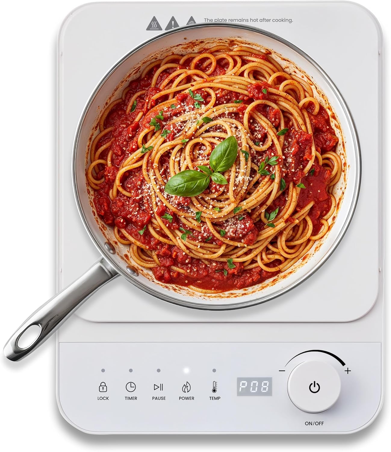 Elite Gourmet EIND57 White slim portable induction cooktop with one glass cooking zone, front display, central dial and labeled controls