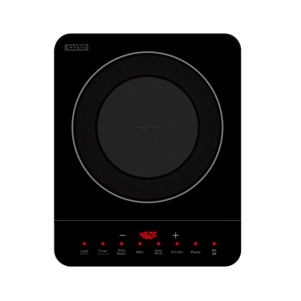 Empava EMPV-11EC06 black single-zone induction cooktop viewed from above; one ring and a front touch-control row are visible.