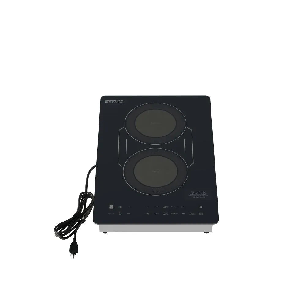 Empava EMPV-12EC07 black front-to-back dual-zone induction cooktop with a supplied power cord and bridge-area marking.