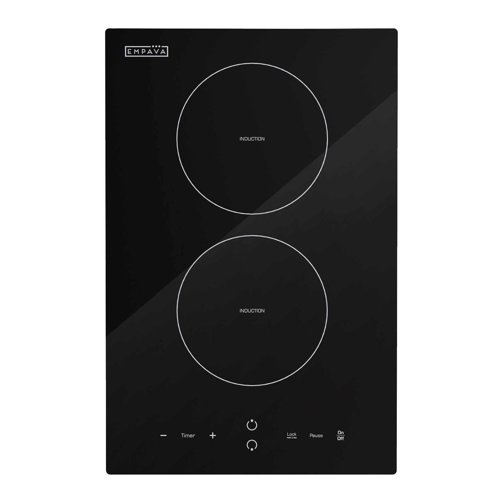 Empava EMPV-IDC12 black vertical dual-zone induction cooktop with two front-to-back rings and controls below.