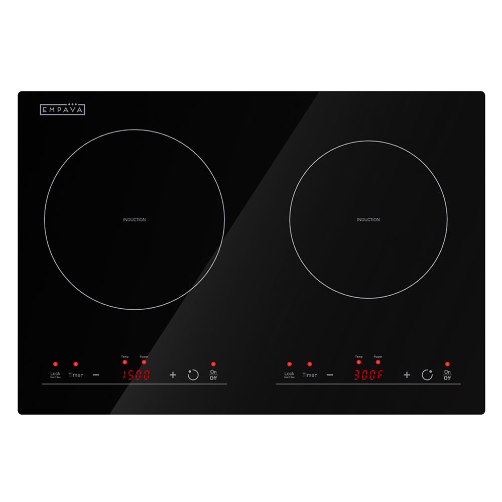 Empava EMPV-IDC12B2 black horizontal dual-zone induction cooktop with two side-by-side rings and separate front controls.