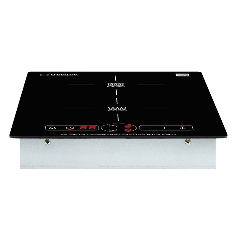 Equator BIC 132 black two-zone induction cooktop shown vertically with front controls and metal underside.