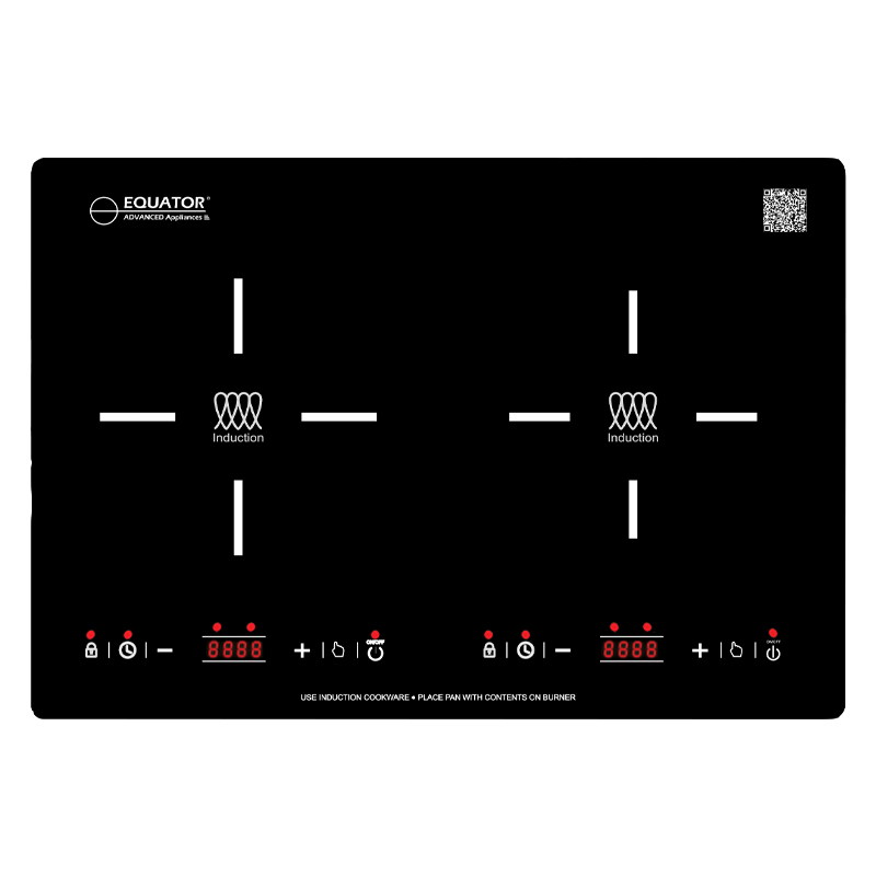 Equator BIC 202 black two-zone induction cooktop shown horizontally with separate zone controls.