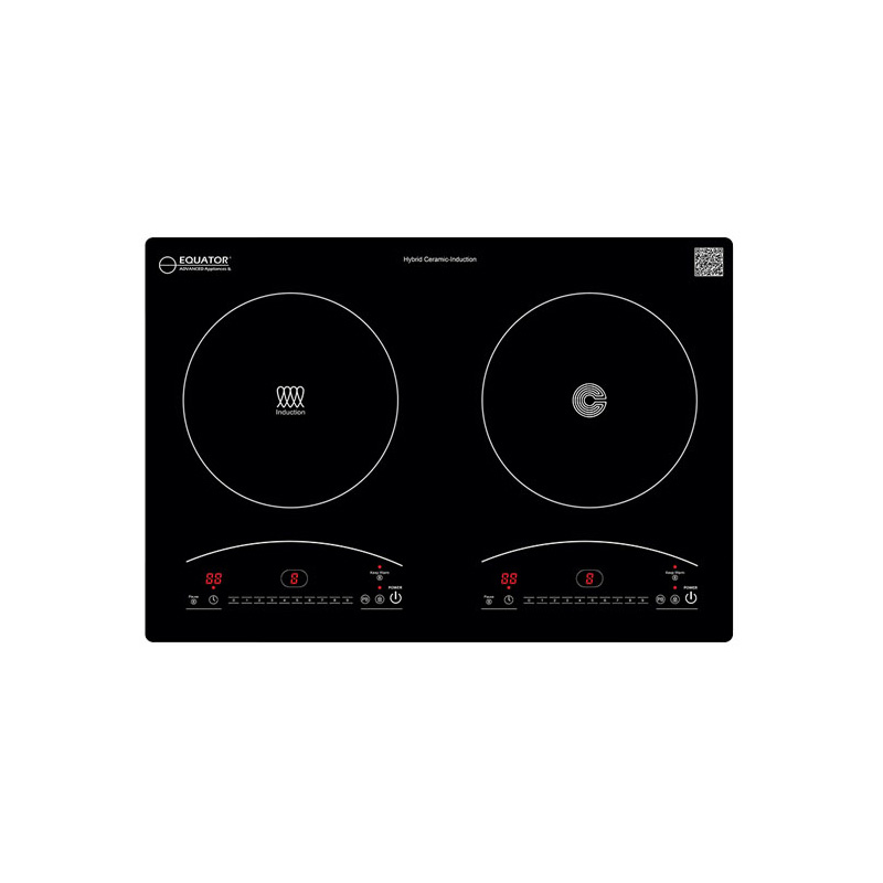 Black Equator EHC 20211 hybrid cooktop illustration showing one induction zone and one ceramic zone