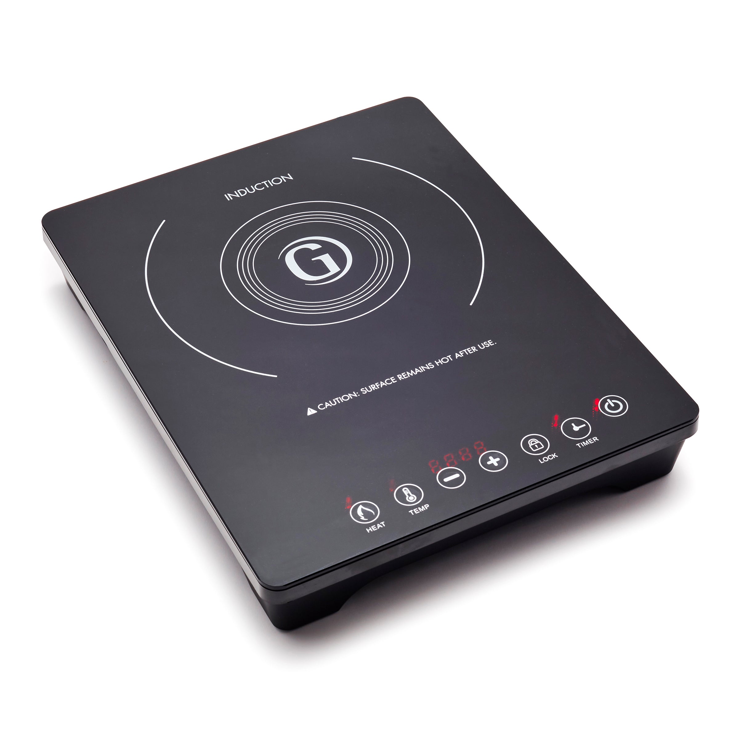 Black one-zone GreenPan induction cooktop with a central marked cooking circle and front Heat, Temp, Timer, Lock and Power controls
