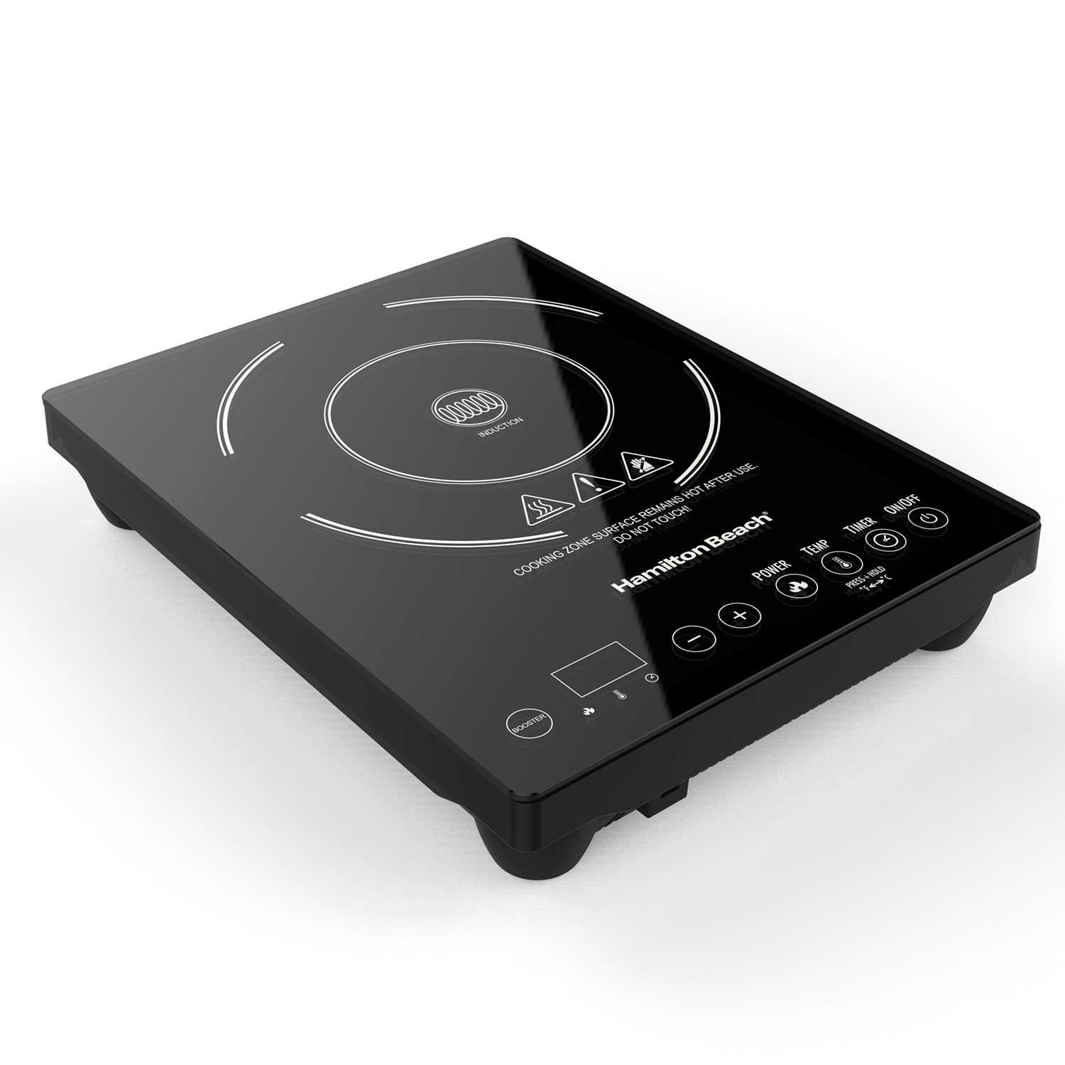Black Hamilton Beach 34104 portable induction cooker with one marked zone and Power, Temp, Timer and Booster controls.