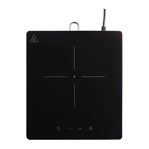 Black IKEA TILLREDA 305.46508 one-zone induction cooktop viewed from above, with center pan marks, touch controls, cord and hanging hook