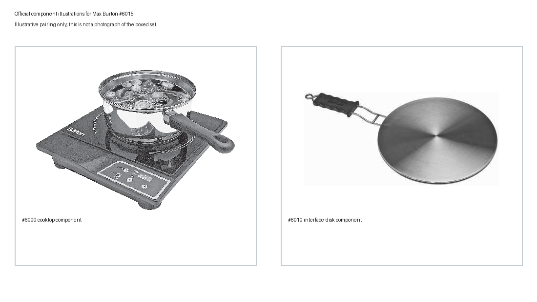 Side-by-side official illustrations of the Max Burton #6000 cooktop and #6010 interface disk, the documented #6015 set components