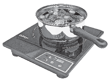 Grayscale manual illustration of the Max Burton 6000 induction cooktop with a pan above its single cooking zone and front controls