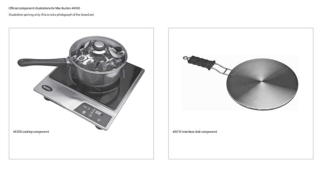 Side-by-side official illustrations of the Max Burton #6200 Deluxe cooktop and #6010 interface disk, the documented #6050 set components