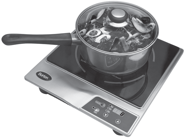 Monochrome manual illustration of the Max Burton 6200 Deluxe stainless-body induction cooktop with one pan and its front control panel