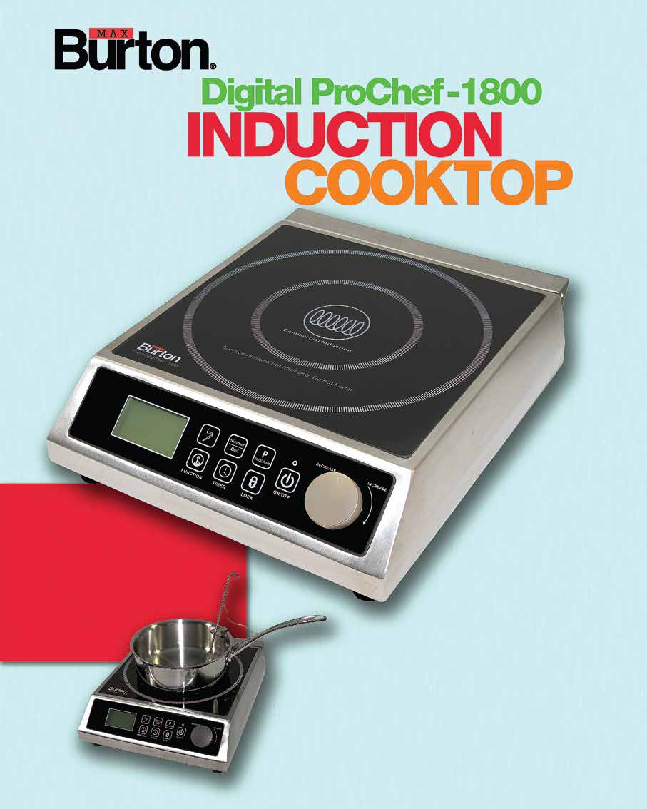 Aervo es Flyer zum Digital Max Burton ProChef-1800 zeigt ein einzoniges Kochfeld mit Edelstahlseiten, Display, Touch-Bedienelementen und einem Bedienregler an der Vorderseite.