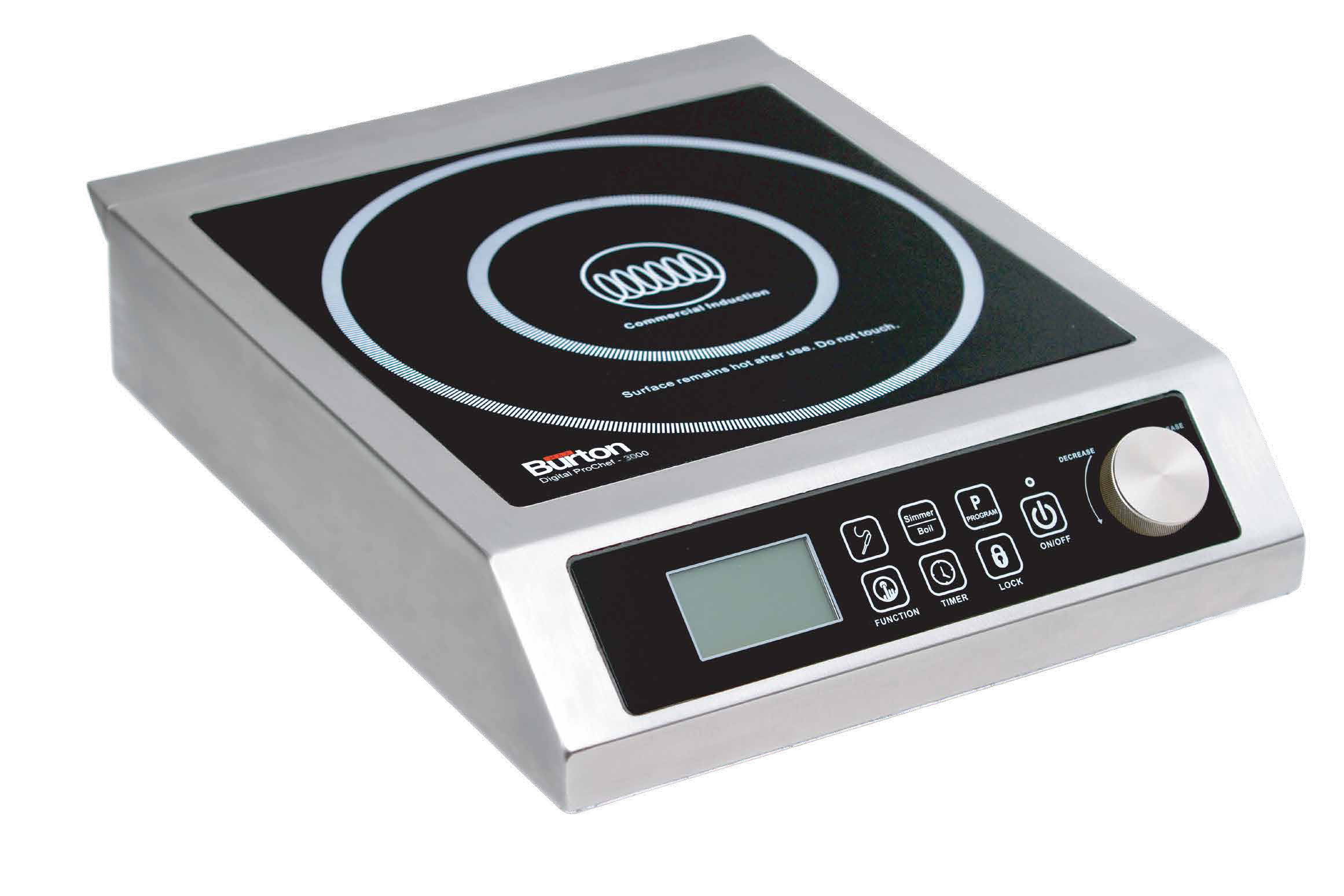 Die Verpackungsgrafik für Max Burton zeigt das Kochfeld Digital ProChef-3000 #6535 mit Edelstahlseiten, seiner einzelnen Induktionszone, LCD, Touch-Bedienelementen und vorderem Drehregler.