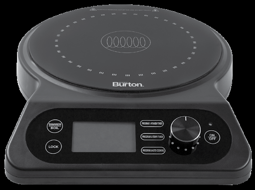 Official grayscale manual illustration of the Max Burton 18XL #6600 with one broad induction surface, LCD, touch controls and push-to-set knob.